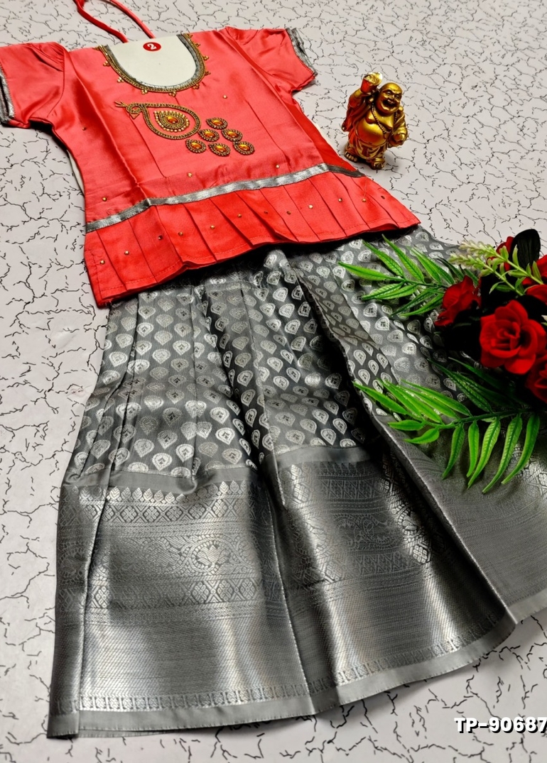 FESTIVAL AND FUNCTION WEAR TRADITIONAL KIDS PATTU PAVADAI STONE WORK DESIGN - CORAL COLOUR (3)