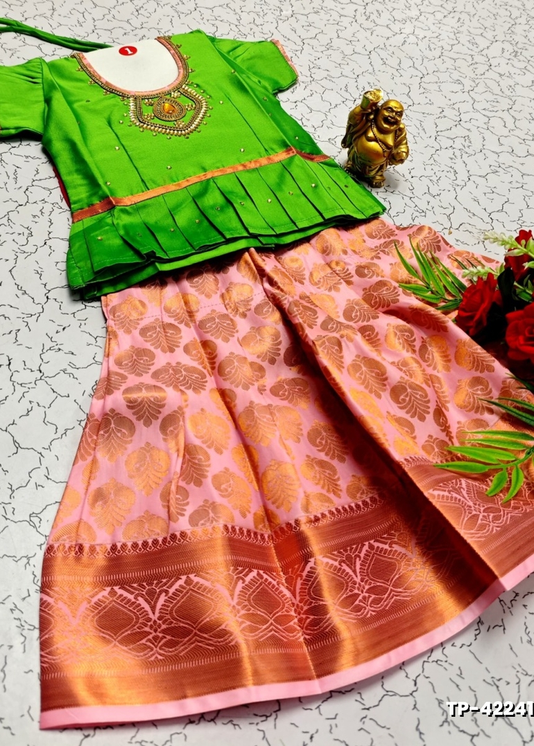 FESTIVAL AND FUNCTION WEAR TRADITIONAL KIDS PATTU PAVADAI STONE WORK DESIGN - GREEN (5)