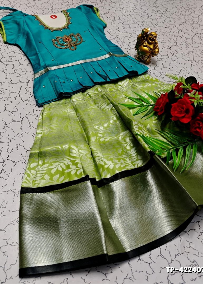 FESTIVAL AND FUNCTION WEAR TRADITIONAL KIDS PATTU PAVADAI STONE WORK DESIGN  - TEAL COLOUR (2)