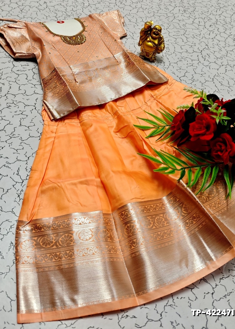 FESTIVAL AND FUNCTION WEAR TRADITIONAL KIDS PATTU PAVADAI STONE WORK DESIGN  - PEACH COLOUR (1)