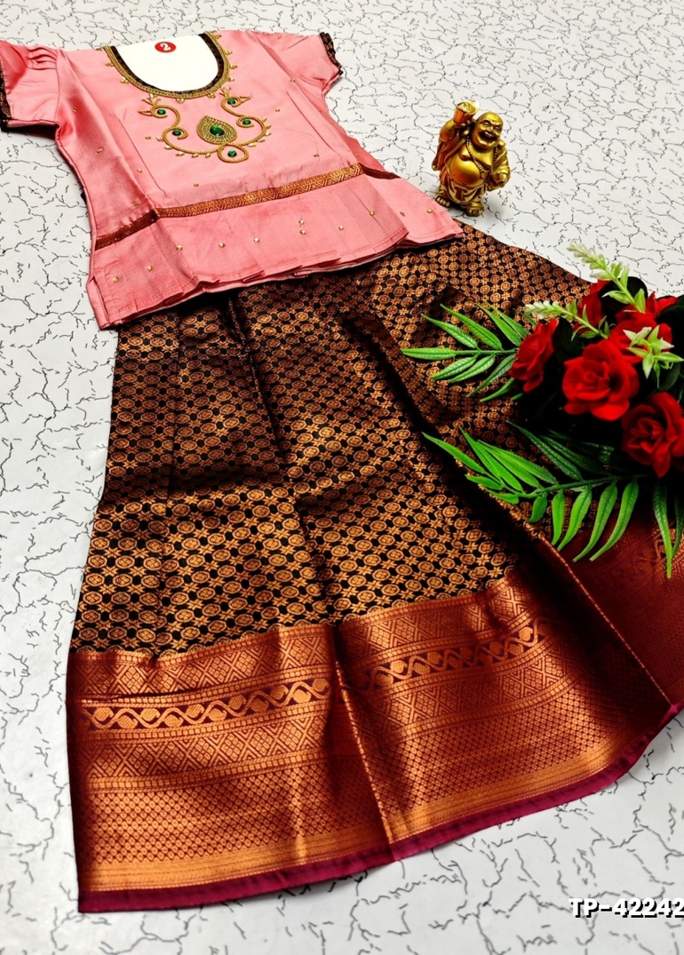 FESTIVAL AND FUNCTION WEAR TRADITIONAL KIDS PATTU PAVADAI STONE WORK DESIGN  - BABY PINK (1)
