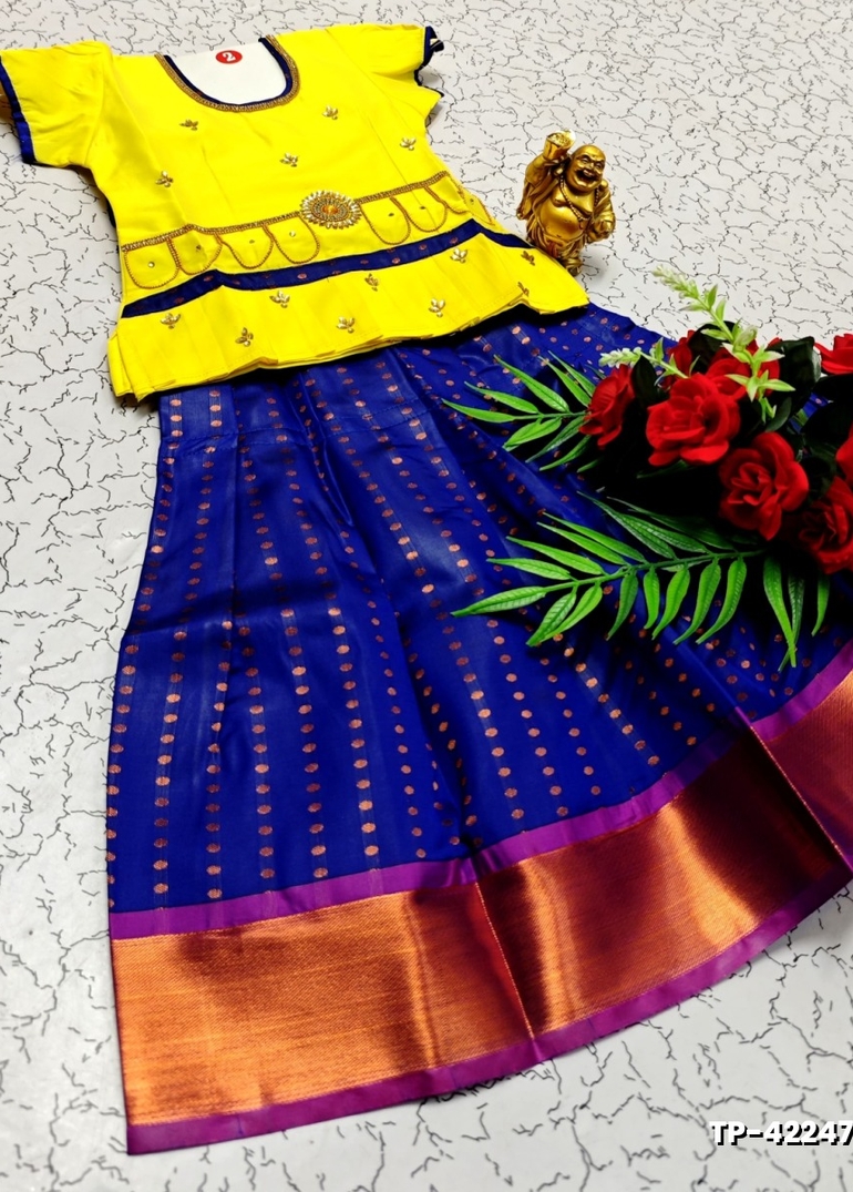 FESTIVAL AND FUNCTION WEAR TRADITIONAL KIDS PATTU PAVADAI STONE WORK DESIGN  - LEMON COLOUR (2)