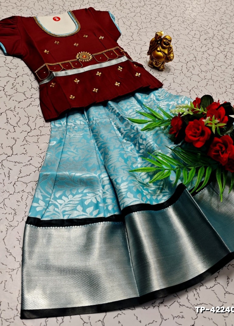 FESTIVAL AND FUNCTION WEAR TRADITIONAL KIDS PATTU PAVADAI STONE WORK DESIGN  - MERUN (3)