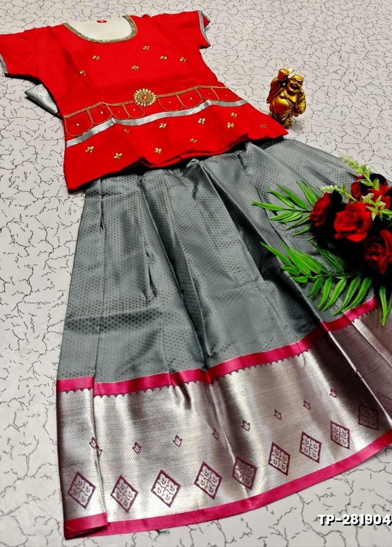 FESTIVAL AND FUNCTION WEAR TRADITIONAL KIDS PATTU PAVADAI STONE WORK DESIGN - RED (1)