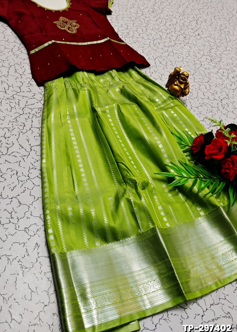 FESTIVAL AND FUNCTION WEAR TRADITIONAL KIDS PATTU PAVADAI STONE WORK DESIGN - MERUN (1)