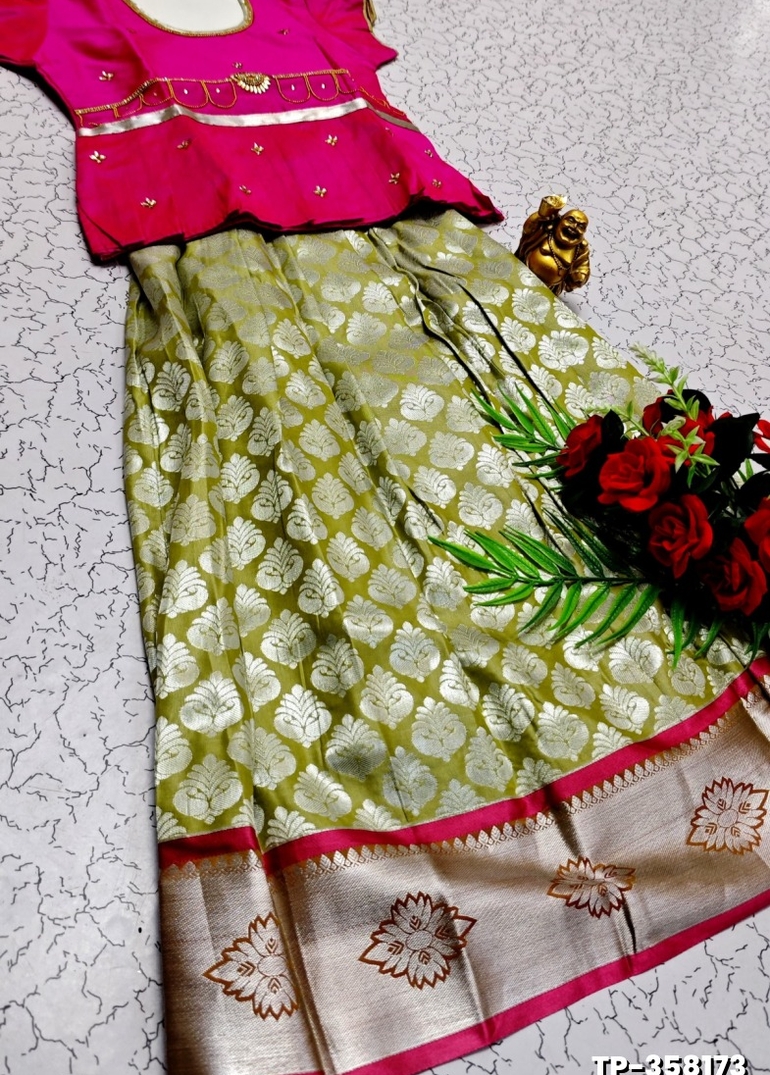 FESTIVAL AND FUNCTION WEAR TRADITIONAL KIDS PATTU PAVADAI STONE WORK DESIGN - RUBY COLOUR
