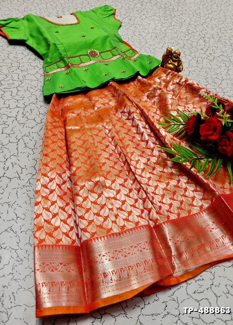 FESTIVAL AND FUNCTION WEAR TRADITIONAL KIDS PATTU PAVADAI STONE WORK DESIGN - GREEN COLOUR