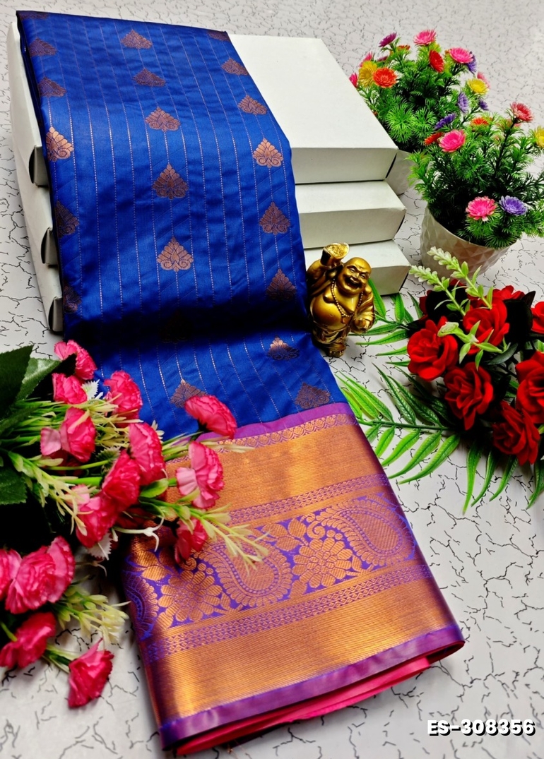 BRIDAL SILK GOLD SILVAR AND COPPER ZARI WEAVE AND WEDDING ART SILK SAREES - NORMAL  BLUE
