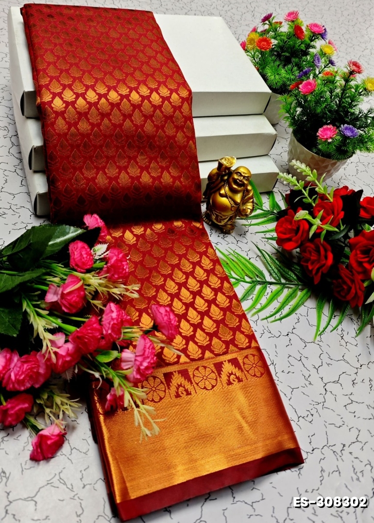 BRIDAL SILK GOLD SILVAR AND COPPER ZARI WEAVE AND WEDDING ART SILK SAREES - MERUN (1)