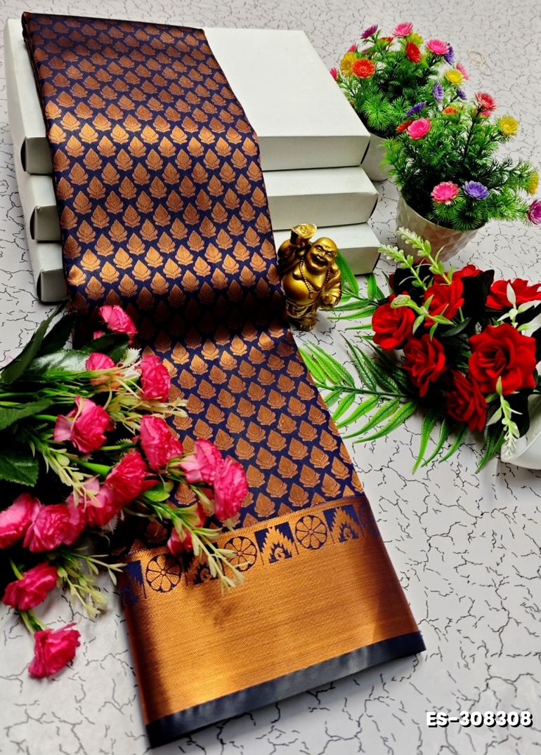 BRIDAL SILK GOLD SILVAR AND COPPER ZARI WEAVE AND WEDDING ART SILK SAREES - NAVY COLOUR (1)