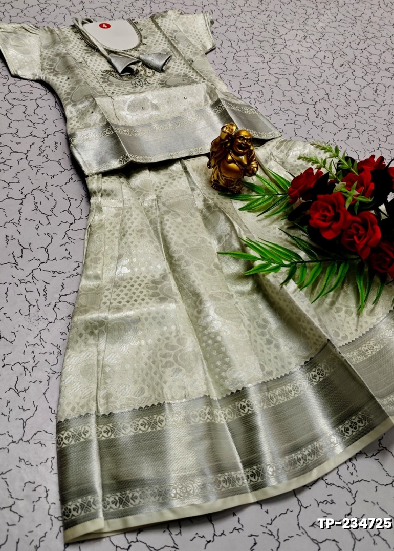 FESTIVAL AND FUNCTION WEAR TRADITIONAL KIDS PATTU PAVADAI STONE WORK DESIGN - WHITE