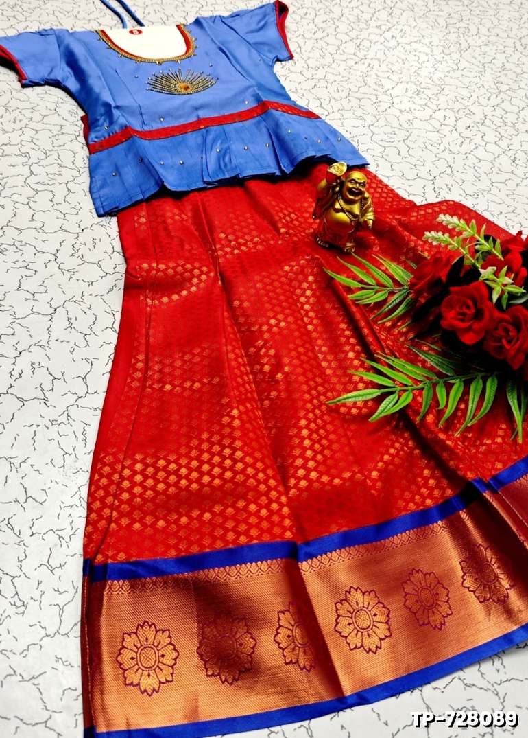 FESTIVAL AND FUNCTION WEAR TRADITIONAL KIDS PATTU PAVADAI STONE WORK DESIGN - BLUE COLOUR (4)
