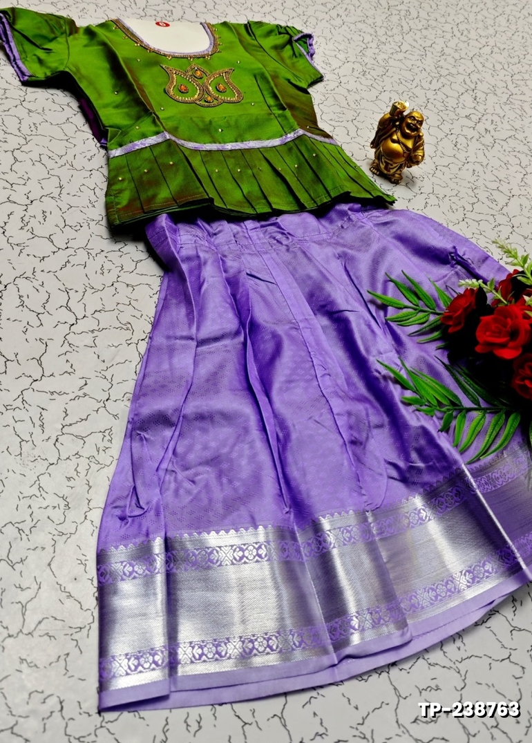 FESTIVAL AND FUNCTION WEAR TRADITIONAL KIDS PATTU PAVADAI STONE WORK DESIGN - GREEN COLOUR (1)