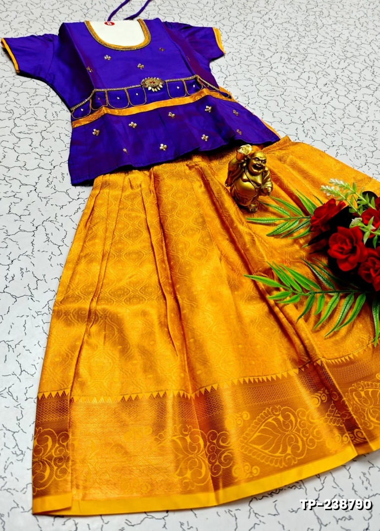 FESTIVAL AND FUNCTION WEAR TRADITIONAL KIDS PATTU PAVADAI STONE WORK DESIGN - BRINJAL COLOUR