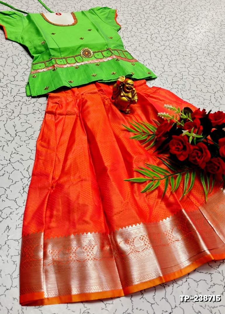 FESTIVAL AND FUNCTION WEAR TRADITIONAL KIDS PATTU PAVADAI STONE WORK DESIGN - GREEN (2)