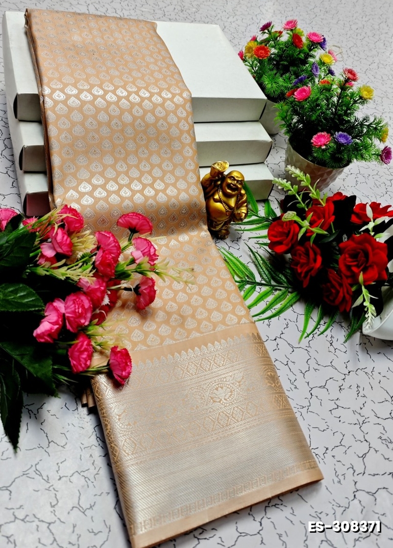 BRIDAL SILK GOLD SILVAR AND COPPER ZARI WEAVE AND WEDDING ART SILK SAREES - PEACH COLOUR (1)