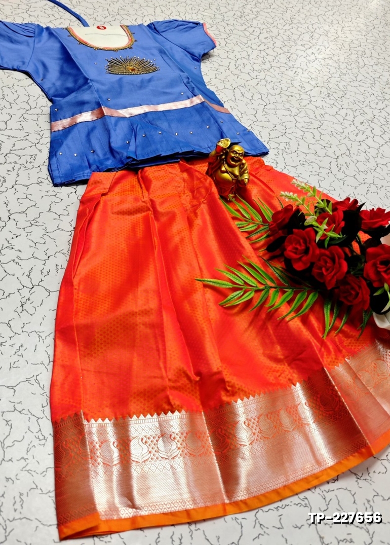 FESTIVAL AND FUNCTION WEAR TRADITIONAL KIDS PATTU PAVADAI STONE WORK DESIGN - NORMAL  BLUE
