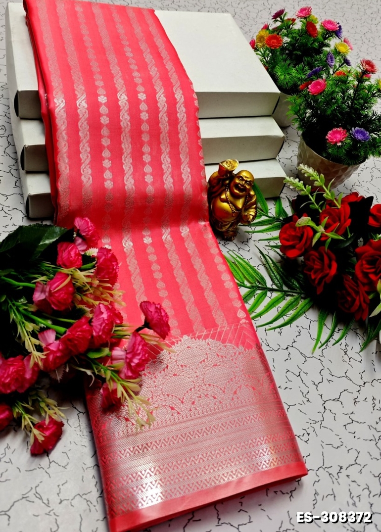 BRIDAL SILK GOLD SILVAR AND COPPER ZARI WEAVE AND WEDDING ART SILK SAREES - CORAL COLOUR (1)