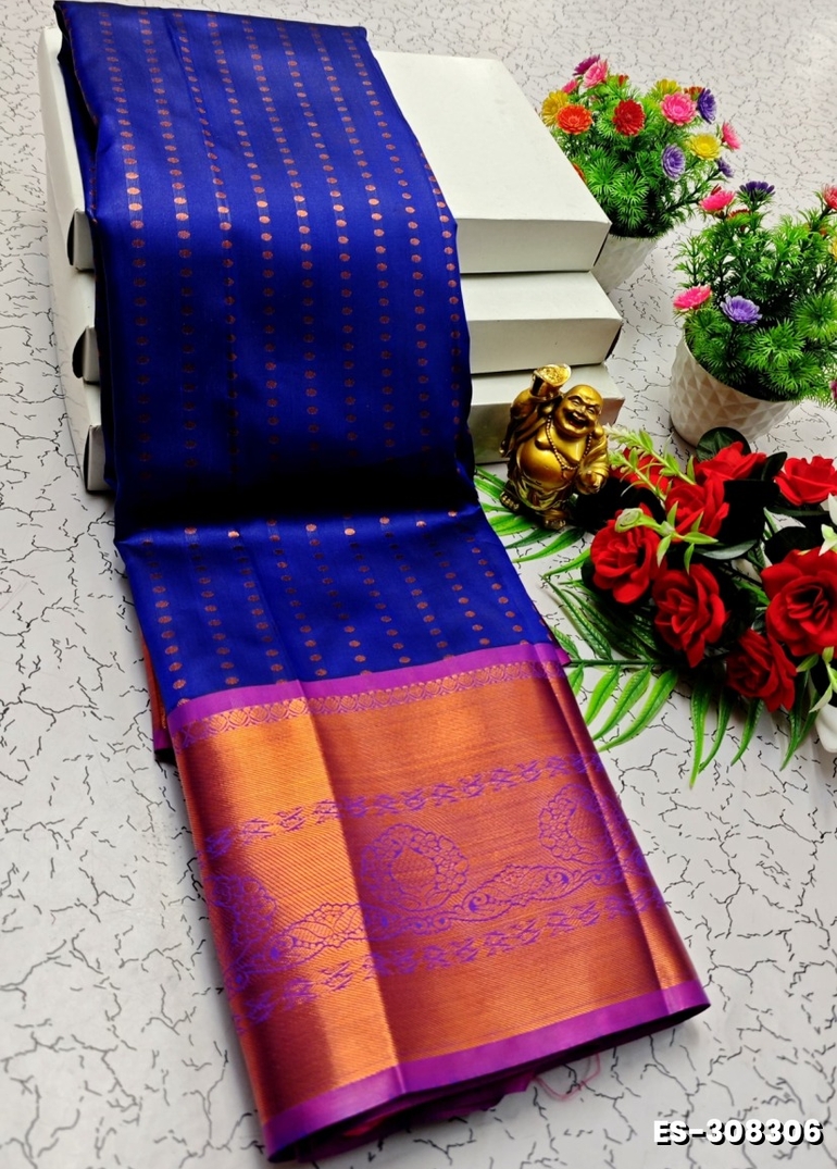 BRIDAL SILK GOLD SILVAR AND COPPER ZARI WEAVE AND WEDDING ART SILK SAREES - ROYAL BLUE (1)