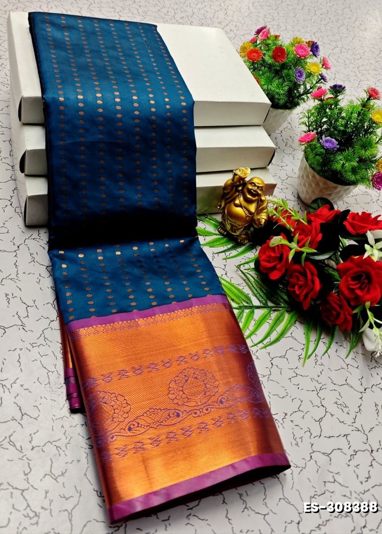 BRIDAL SILK GOLD SILVAR AND COPPER ZARI WEAVE AND WEDDING ART SILK SAREES - PEACKOK BLUE (1)
