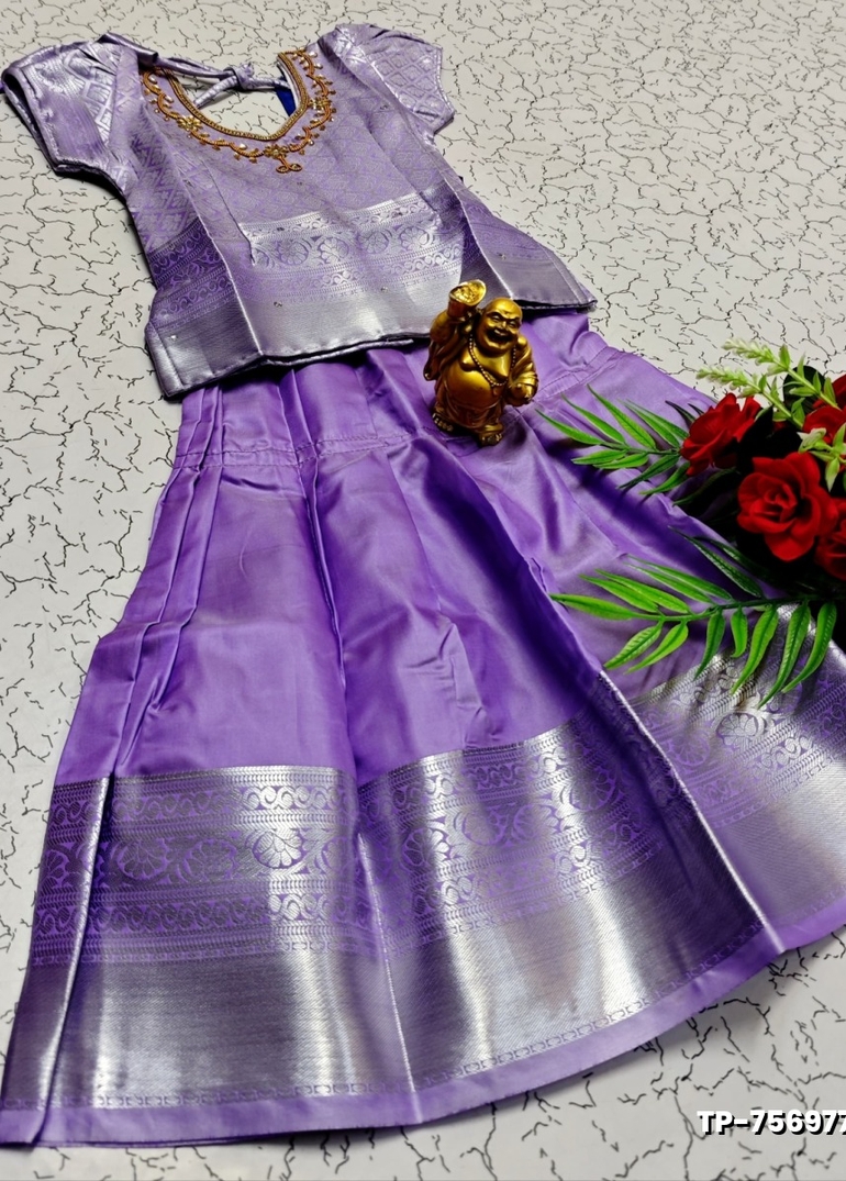 FESTIVAL AND FUNCTION WEAR TRADITIONAL KIDS PATTU PAVADAI STONE WORK DESIGN - MAUVE COLOUR (1)