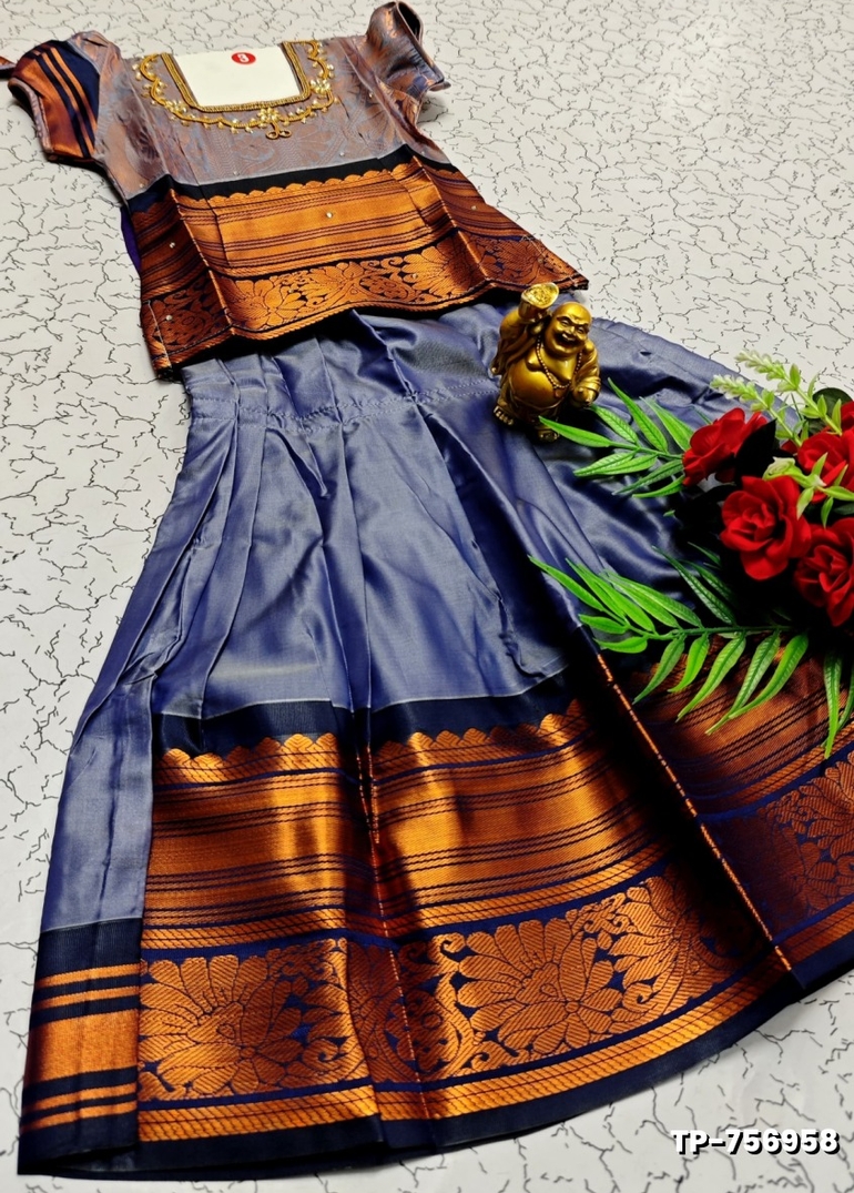 FESTIVAL AND FUNCTION WEAR TRADITIONAL KIDS PATTU PAVADAI STONE WORK DESIGN - PURPLE