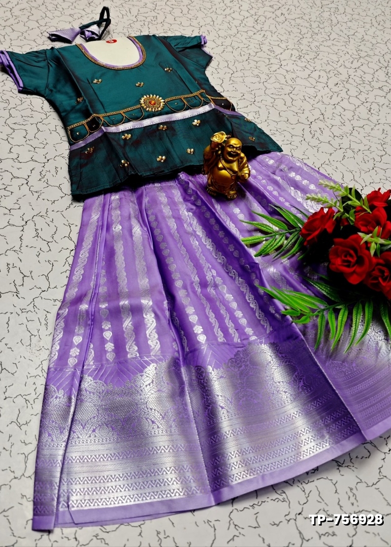 FESTIVAL AND FUNCTION WEAR TRADITIONAL KIDS PATTU PAVADAI STONE WORK DESIGN - BULE (1)