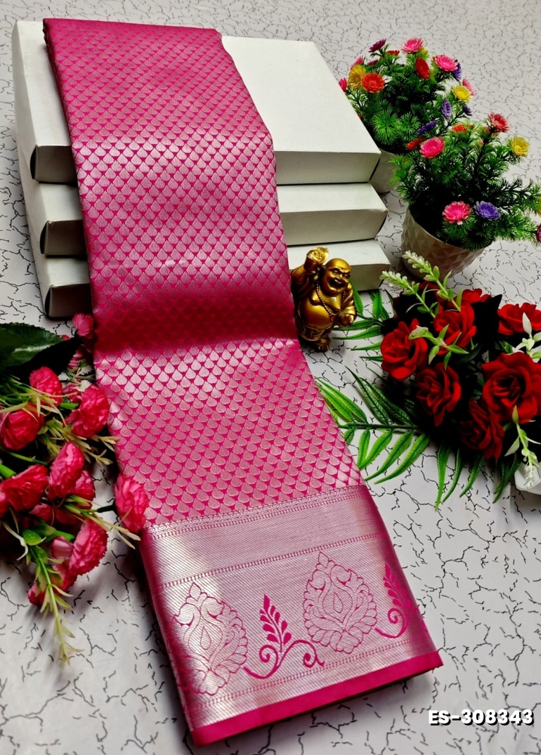 BRIDAL SILK GOLD SILVAR AND COPPER ZARI WEAVE AND WEDDING ART SILK SAREES - LIGHT PINK (1)