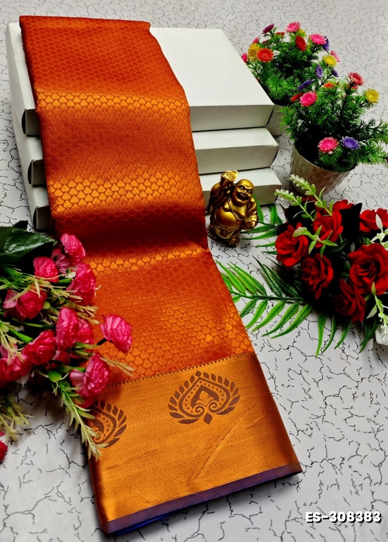 BRIDAL SILK GOLD SILVAR AND COPPER ZARI WEAVE AND WEDDING ART SILK SAREES - TOMATO COLOUR