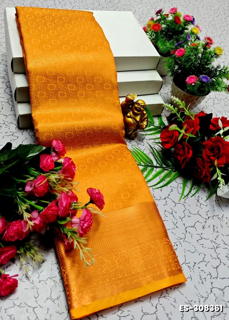 BRIDAL SILK GOLD SILVAR AND COPPER ZARI WEAVE AND WEDDING ART SILK SAREES - YELLOW COLOR