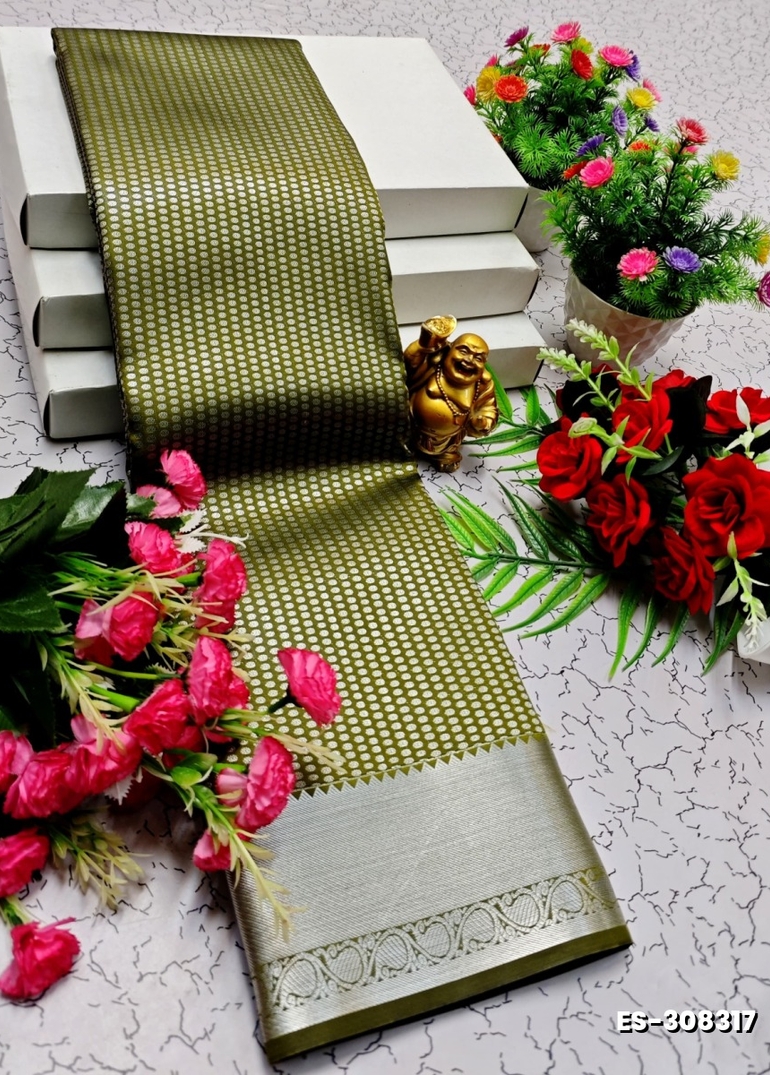 BRIDAL SILK GOLD SILVAR AND COPPER ZARI WEAVE AND WEDDING ART SILK SAREES - OLIVE GREEN (1)