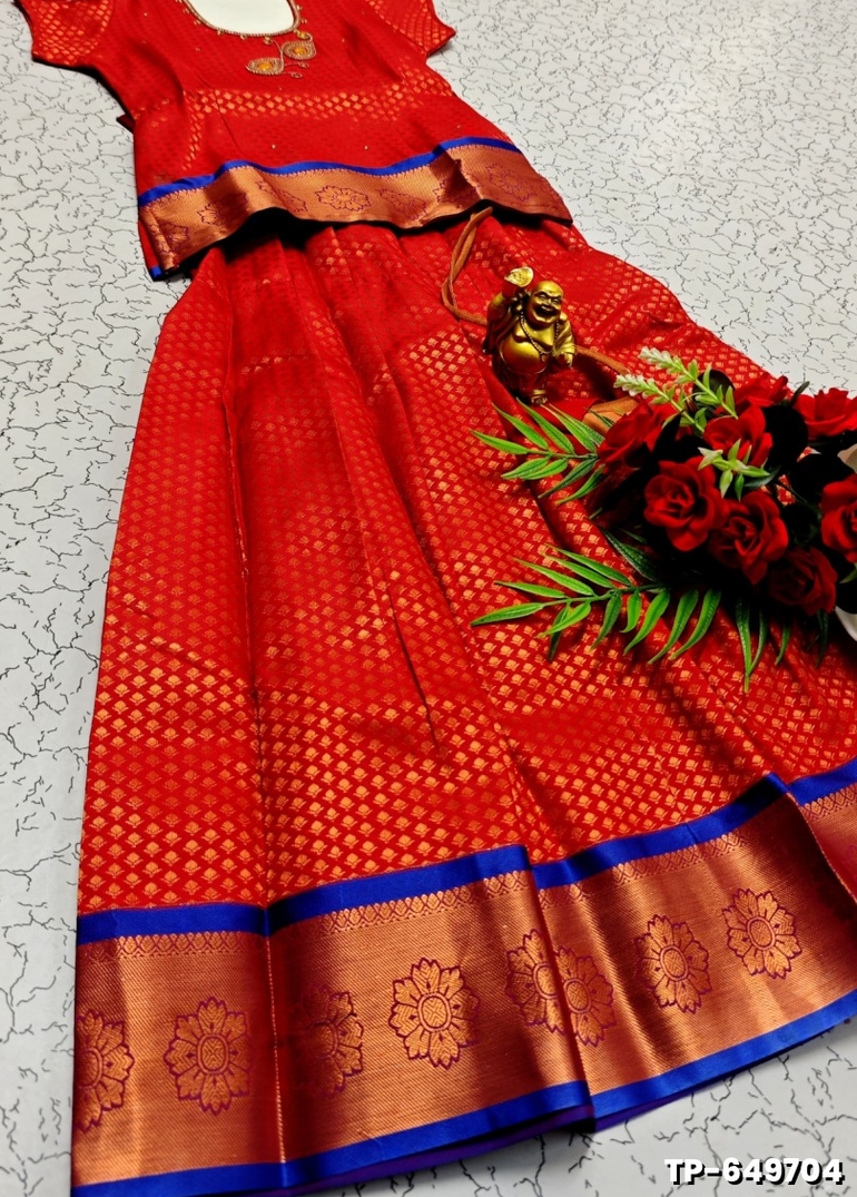 FESTIVAL AND FUNCTION WEAR TRADITIONAL KIDS PATTU PAVADAI STONE WORK DESIGN - RED (3)