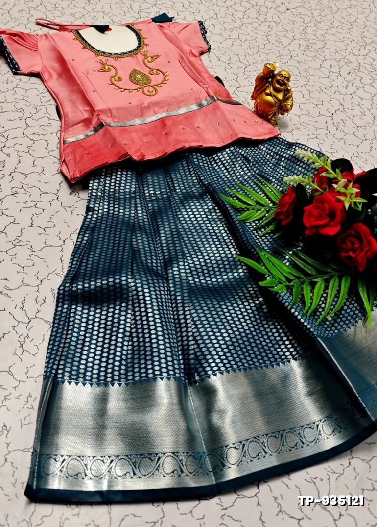 FESTIVAL AND FUNCTION WEAR TRADITIONAL KIDS PATTU PAVADAI STONE WORK DESIGN - BABY PINK (2)