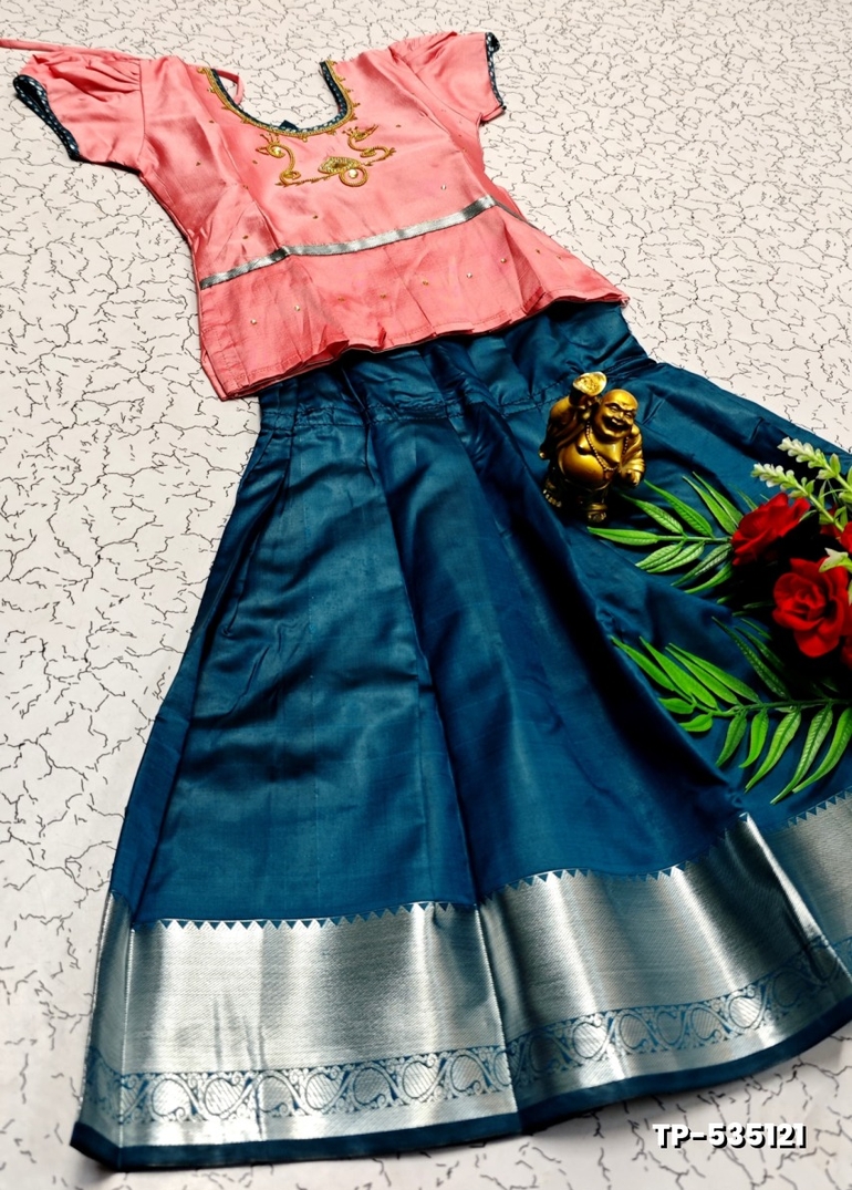 FESTIVAL AND FUNCTION WEAR TRADITIONAL KIDS PATTU PAVADAI STONE WORK DESIGN - BABY PINK (3)