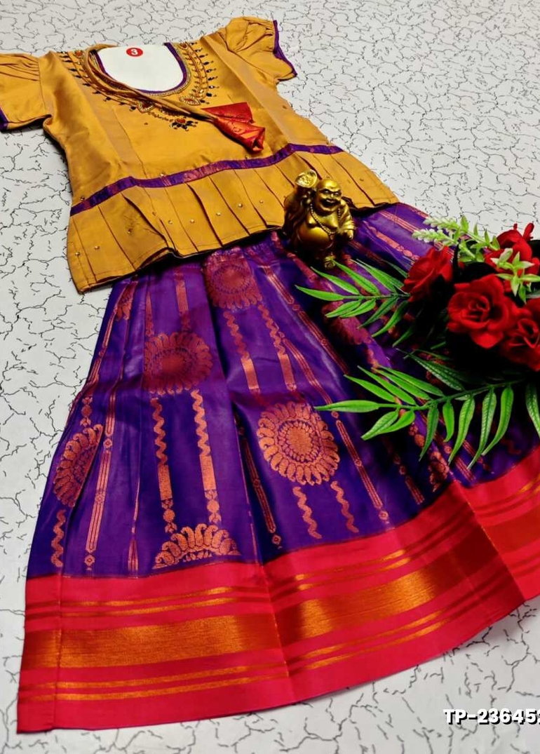 FESTIVAL AND FUNCTION WEAR TRADITIONAL KIDS PATTU PAVADAI STONE WORK DESIGN - VENTHAYA COLOUR (2)