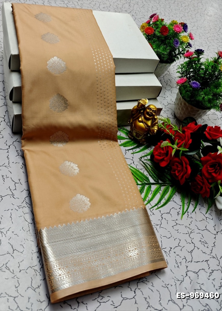 BRIDAL SILK GOLD SILVAR AND COPPER ZARI WEAVE AND WEDDING ART SILK SAREES - CREAM COLOR (3)