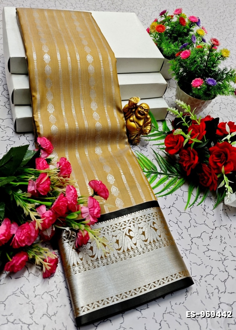 BRIDAL SILK GOLD SILVAR AND COPPER ZARI WEAVE AND WEDDING ART SILK SAREES - LIGHT PEACH