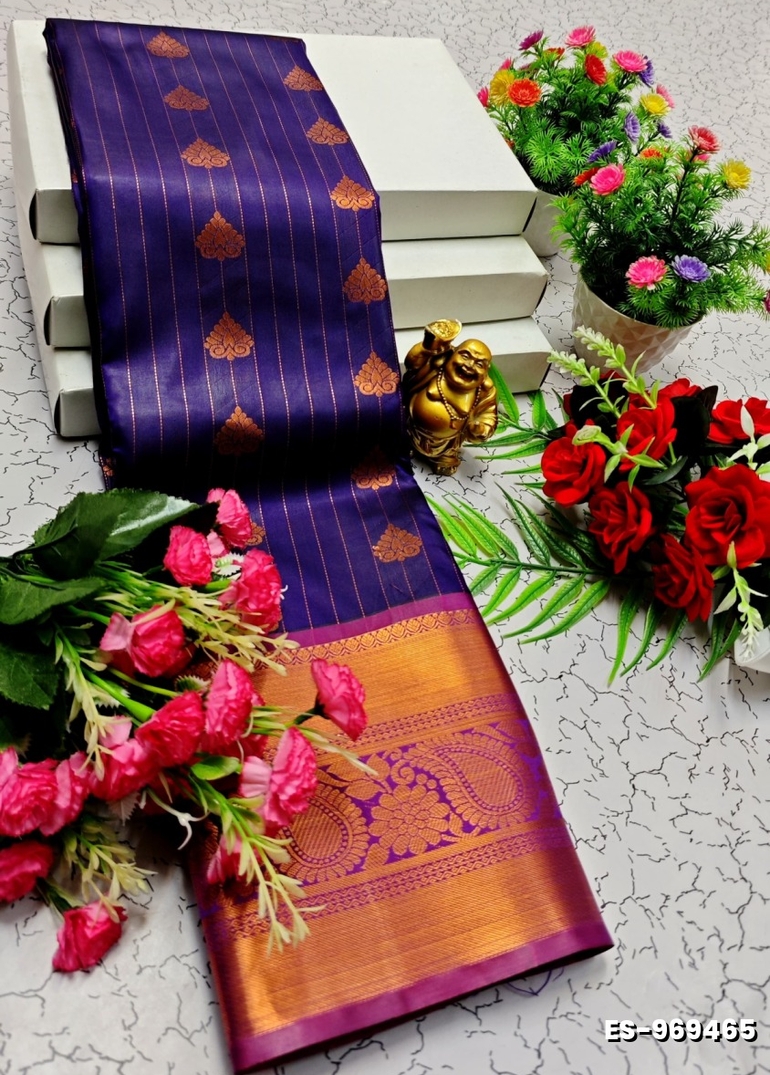 BRIDAL SILK GOLD SILVAR AND COPPER ZARI WEAVE AND WEDDING ART SILK SAREES - INDIGO COLOUR