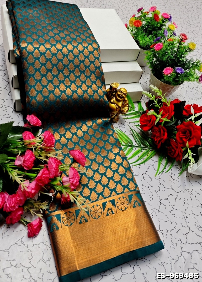 BRIDAL SILK GOLD SILVAR AND COPPER ZARI WEAVE AND WEDDING ART SILK SAREES - BLUE SHADE