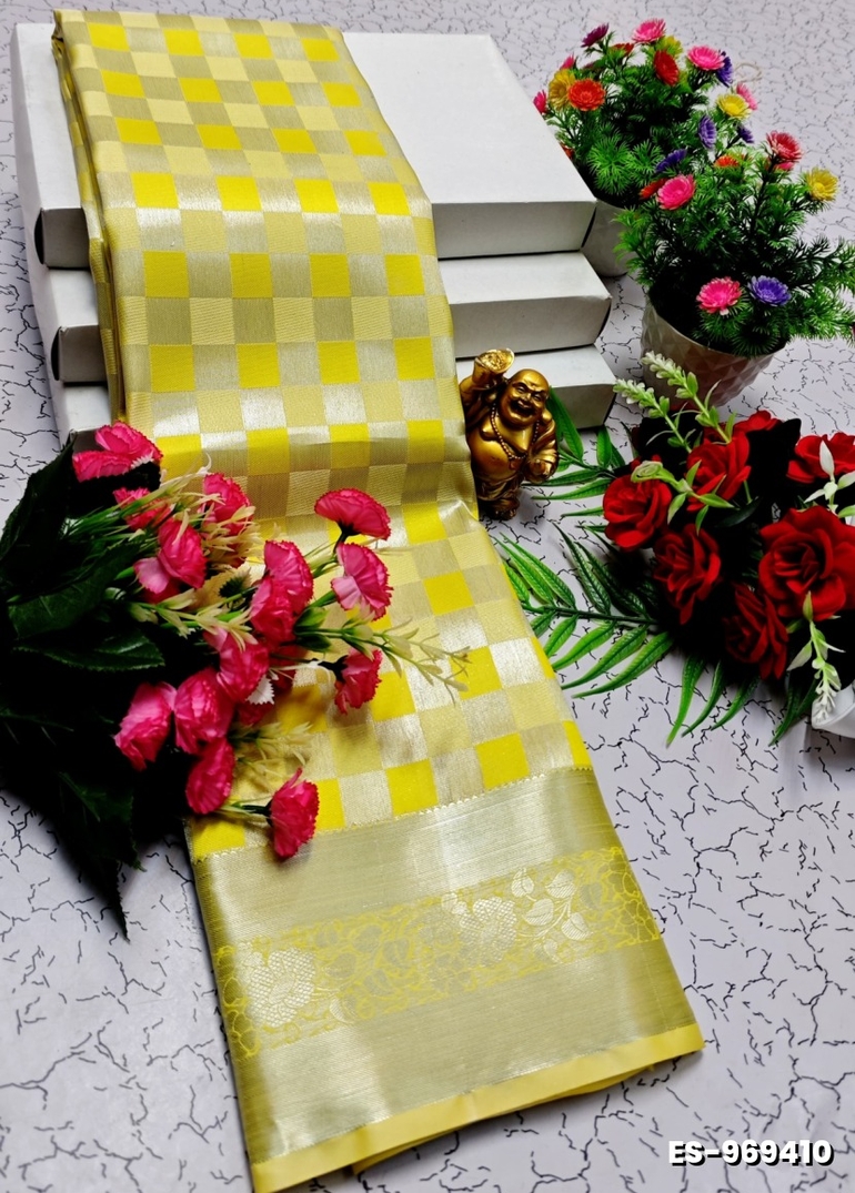 BRIDAL SILK GOLD SILVAR AND COPPER ZARI WEAVE AND WEDDING ART SILK SAREES - YELLOW