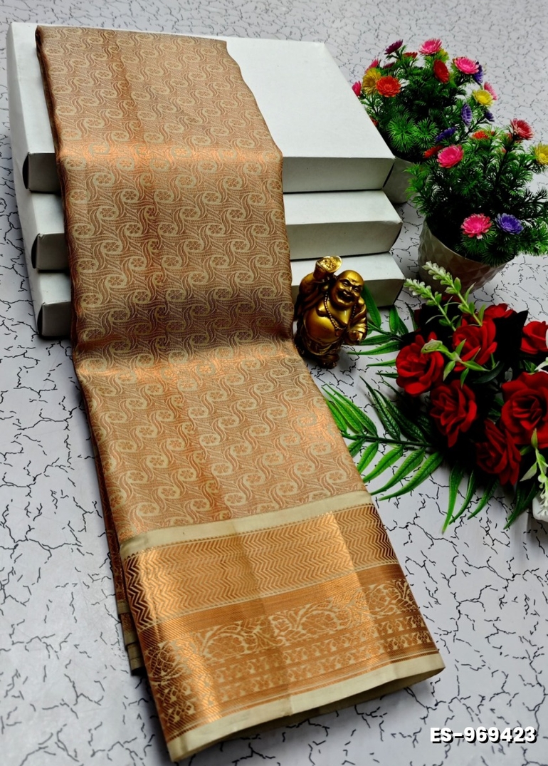 BRIDAL SILK GOLD SILVAR AND COPPER ZARI WEAVE AND WEDDING ART SILK SAREES - LIGHT SANDLE (2)