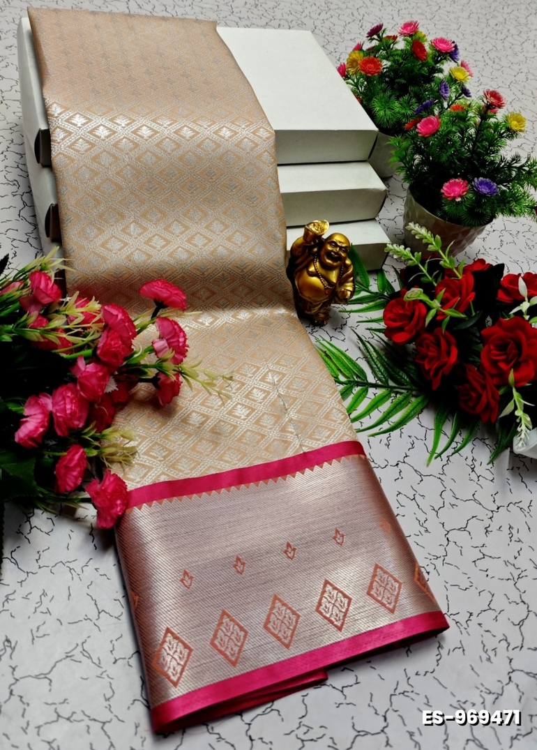 BRIDAL SILK GOLD SILVAR AND COPPER ZARI WEAVE AND WEDDING ART SILK SAREES - PEACH COLOUR (2)