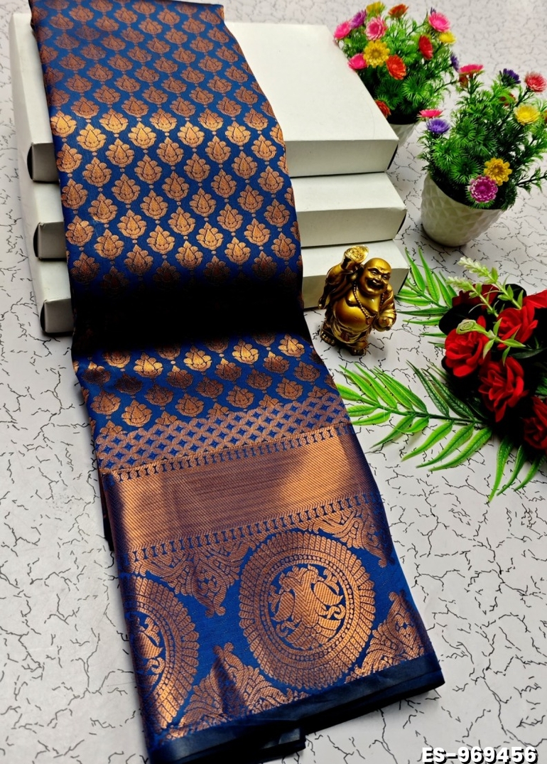 BRIDAL SILK GOLD SILVAR AND COPPER ZARI WEAVE AND WEDDING ART SILK SAREES - NORMAL  BLUE (1)