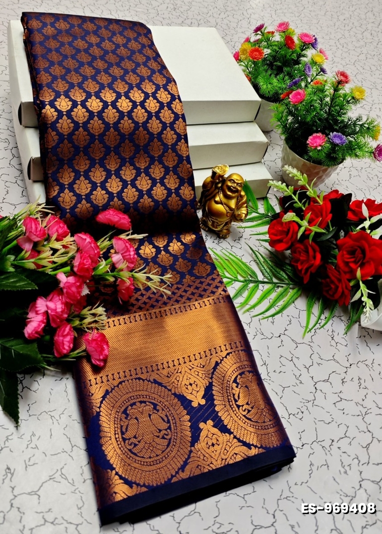 BRIDAL SILK GOLD SILVAR AND COPPER ZARI WEAVE AND WEDDING ART SILK SAREES - NAVY COLOUR (2)