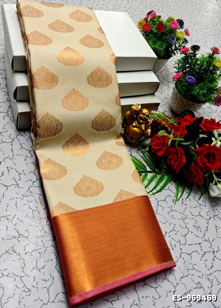 BRIDAL SILK GOLD SILVAR AND COPPER ZARI WEAVE AND WEDDING ART SILK SAREES - BEIGE COLOUR (2)