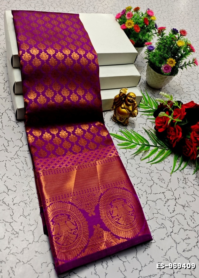 BRIDAL SILK GOLD SILVAR AND COPPER ZARI WEAVE AND WEDDING ART SILK SAREES - PURPLE COLOUR (1)