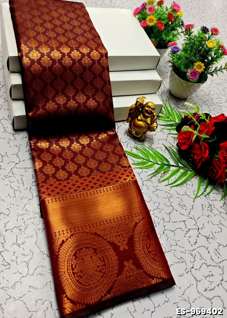 BRIDAL SILK GOLD SILVAR AND COPPER ZARI WEAVE AND WEDDING ART SILK SAREES - MERUN (2)