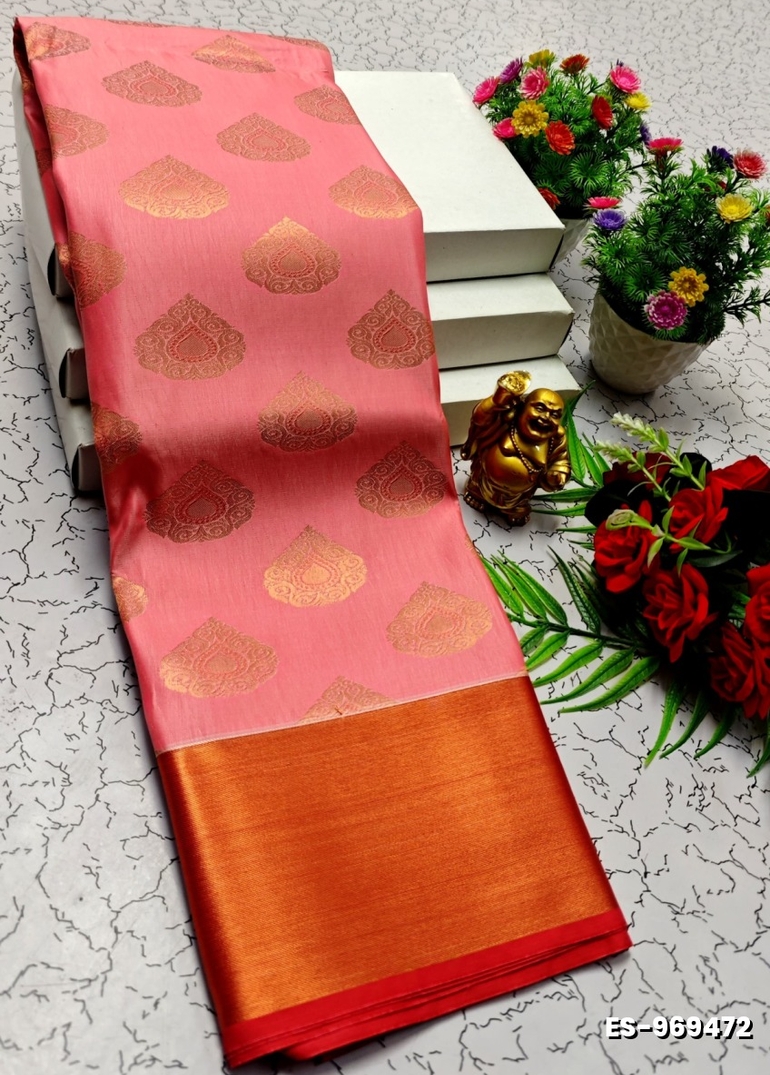BRIDAL SILK GOLD SILVAR AND COPPER ZARI WEAVE AND WEDDING ART SILK SAREES - CORAL COLOUR (2)