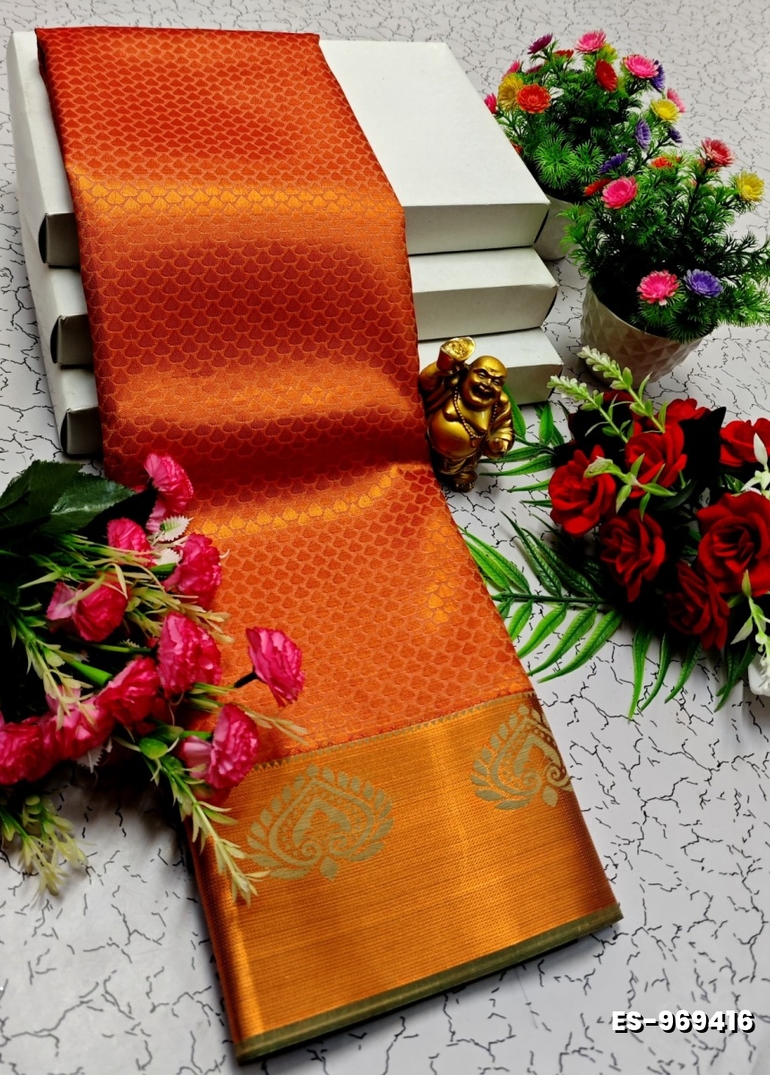 BRIDAL SILK GOLD SILVAR AND COPPER ZARI WEAVE AND WEDDING ART SILK SAREES - ORANGE (1)