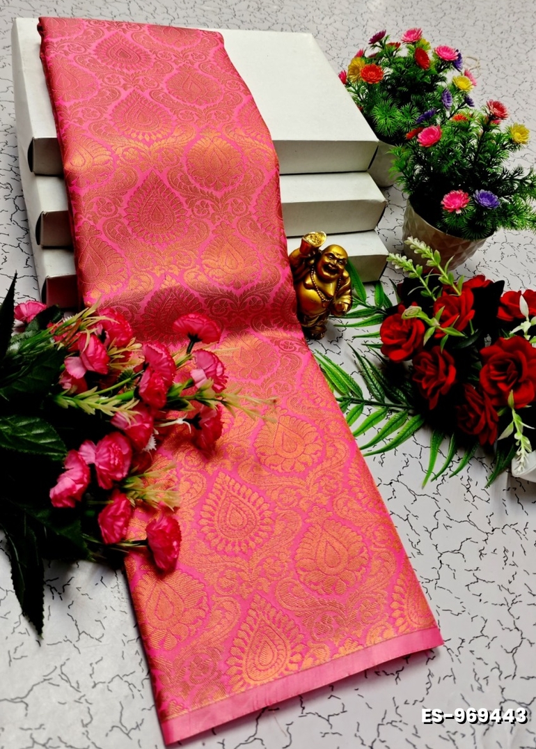BRIDAL SILK GOLD SILVAR AND COPPER ZARI WEAVE AND WEDDING ART SILK SAREES - LIGHT PINK (2)